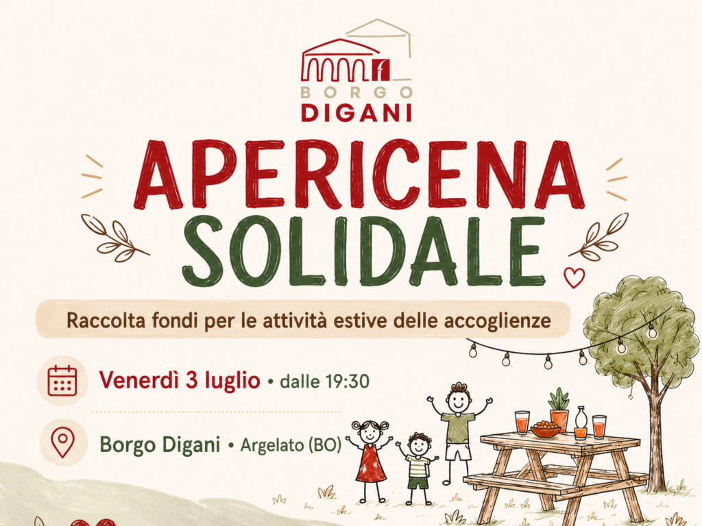 Locandina dell’apericena solidale a Borgo Digani per la raccolta fondi a sostegno delle attività estive delle accoglienze.