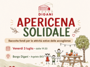 Locandina dell’apericena solidale a Borgo Digani per la raccolta fondi a sostegno delle attività estive delle accoglienze.