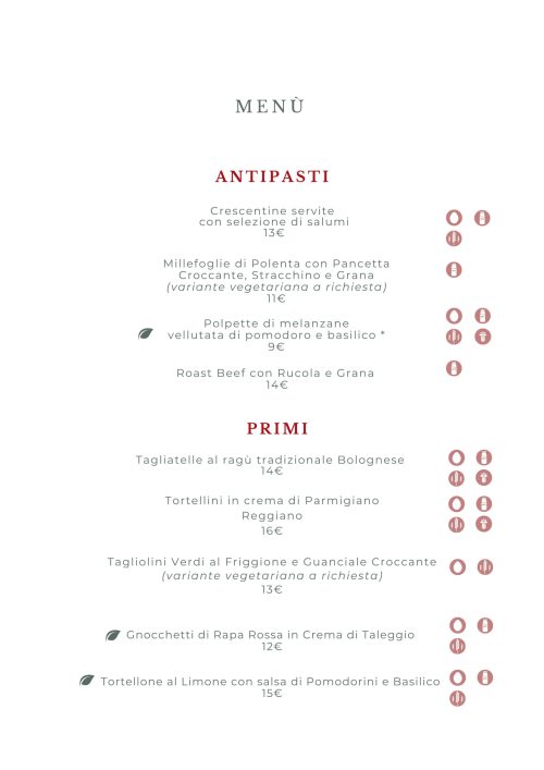 Menù del ristorante sociale Borgo Digani con antipasti e primi piatti, crescentine, tagliatelle al ragù, tortellini e proposte vegetariane.