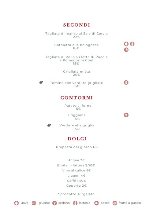 Menù del ristorante sociale Borgo Digani con secondi piatti, contorni, dolci, bevande e legenda degli allergeni.